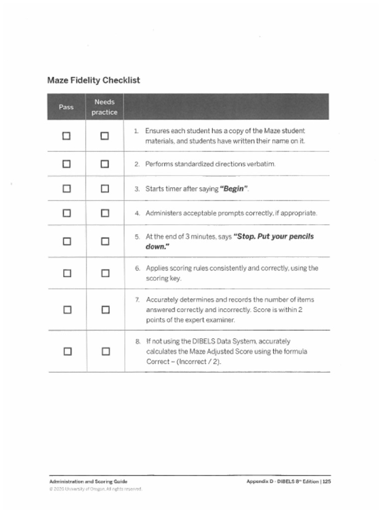 DIBELS 8 Maze Fidelity Checklist PDF