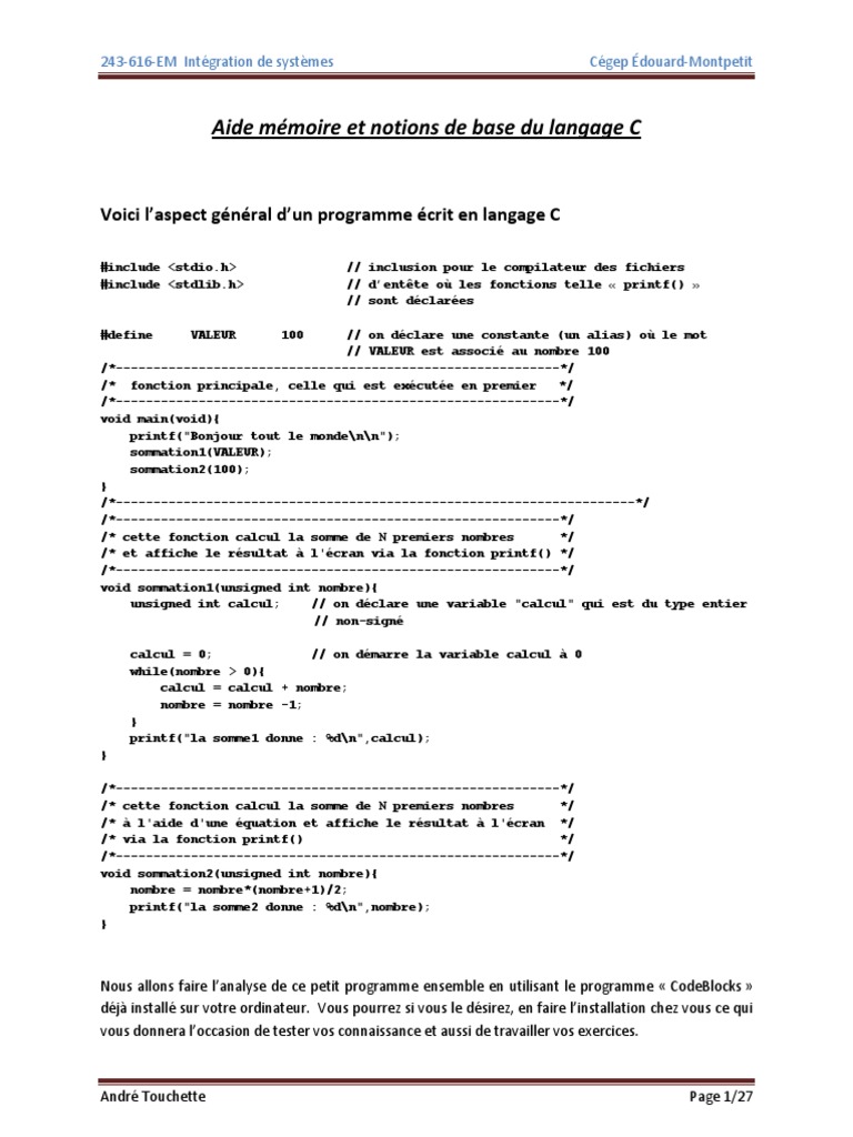 Notions de base en langage C | PDF | Structure de contrôle | C (Langage ...