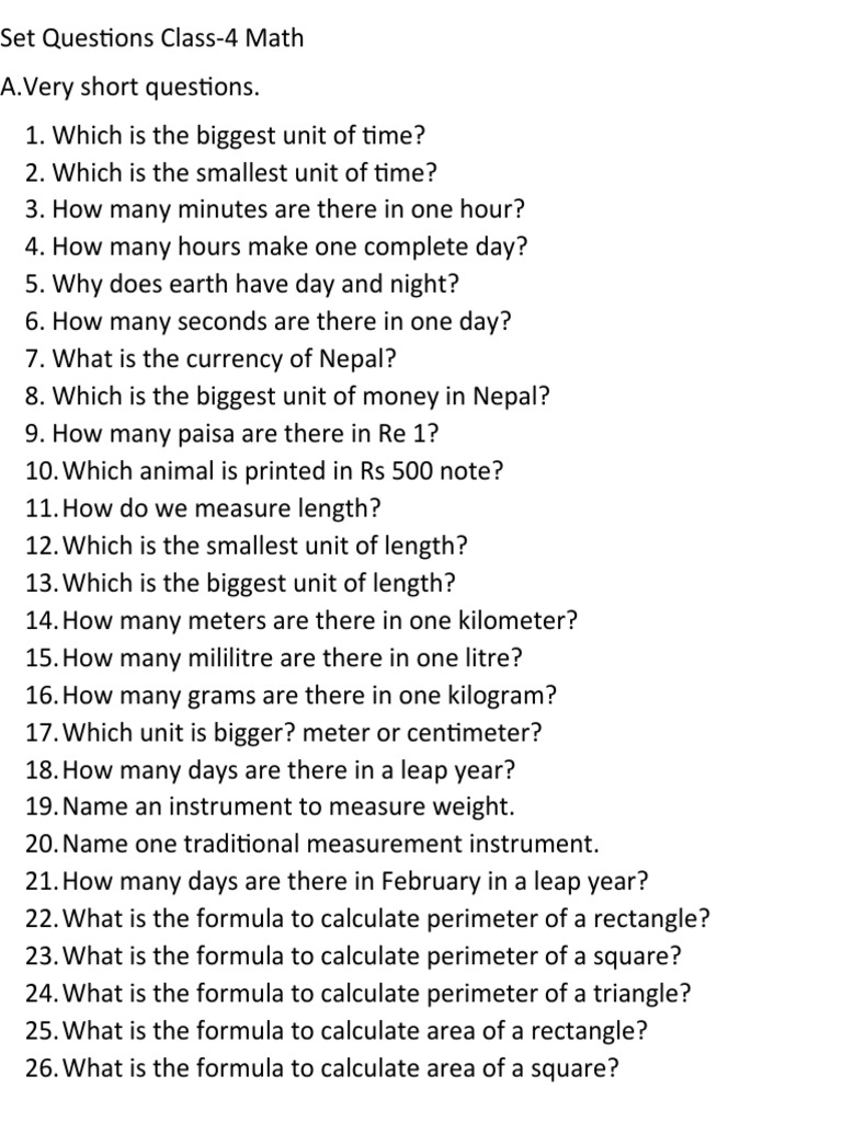 Set Questions Class 4 | PDF | Area | Length