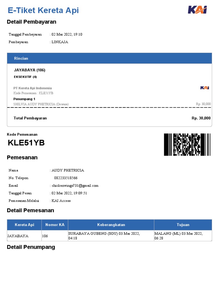 E-Tiket Kereta Jayabaya Eksekutif | PDF
