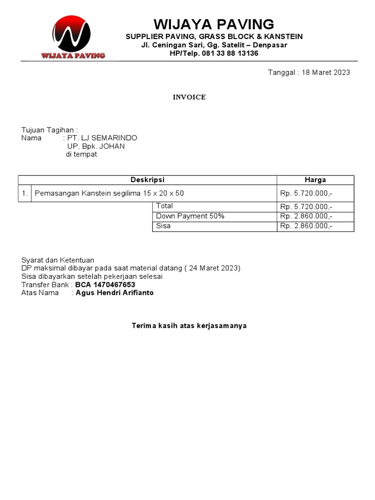 Invoice DP 50% untuk PT. LJ Semarindo | PDF