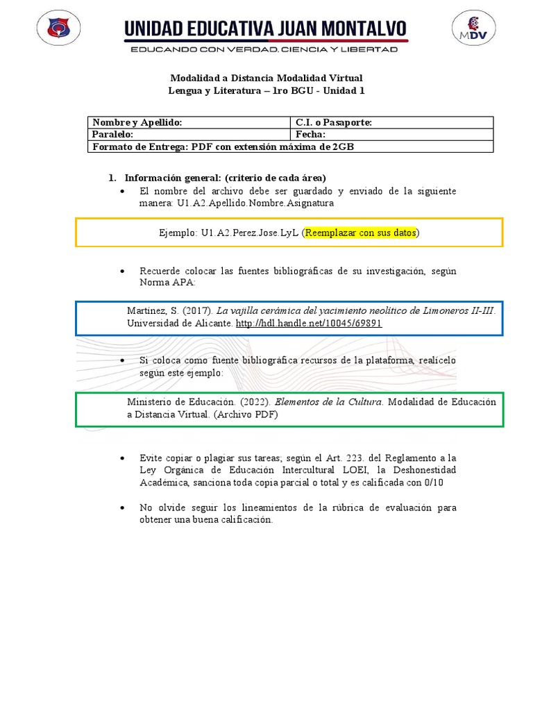 Tarea Semana 1 y 2 Unidad 1 1ro BGU 1.1 | PDF