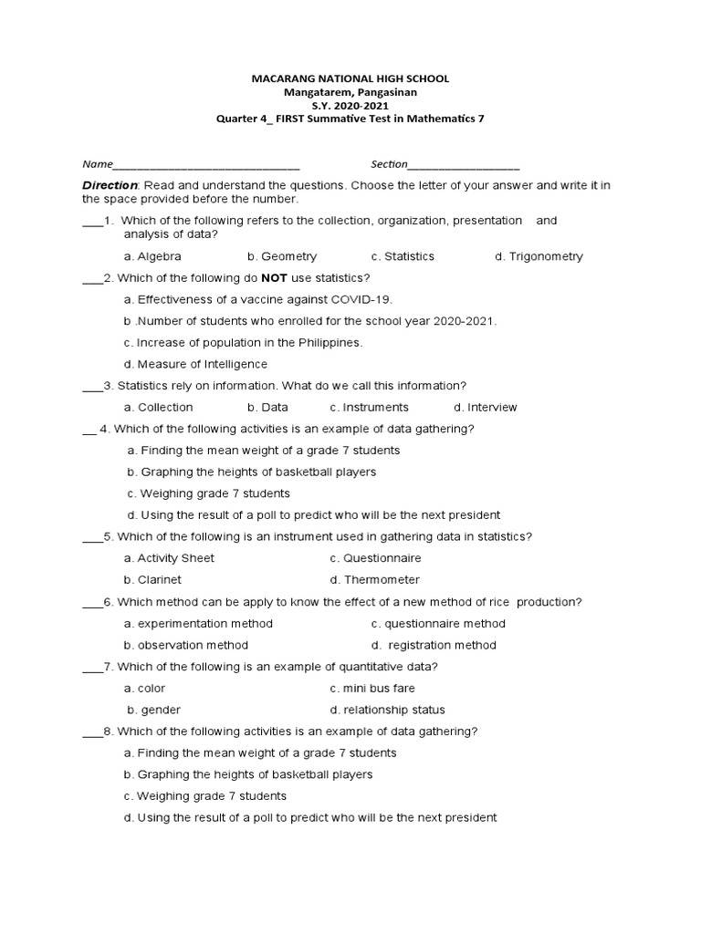 Math 7 Summative Test: Statistics Focus | PDF | Statistics | Data