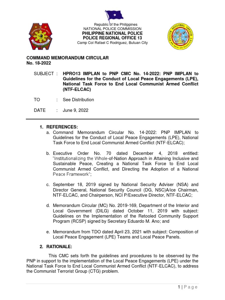 PNP Guidelines for Local Peace Engagements | PDF | Government