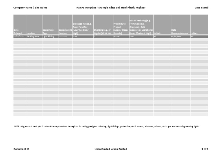HARPS Example Glass and Hard Plastic Register PDF