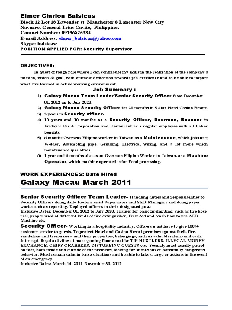 Security Supervisor CV Example | PDF | Security Guard | Philippines