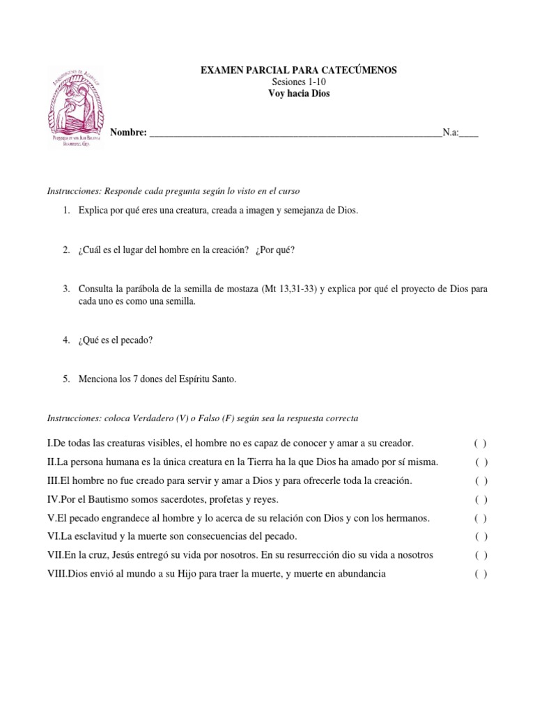 Examen de Confirmación 2025: Catecúmenos | PDF | Pecado | Salvación