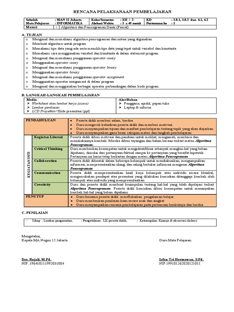 RPP Informatika (1 Lembar) | PDF