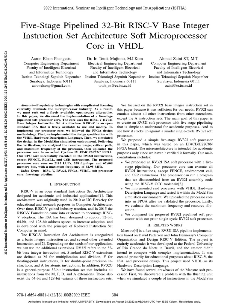 Five-Stage Pipelined 32-Bit RISC-V Base Integer Instruction Set ...