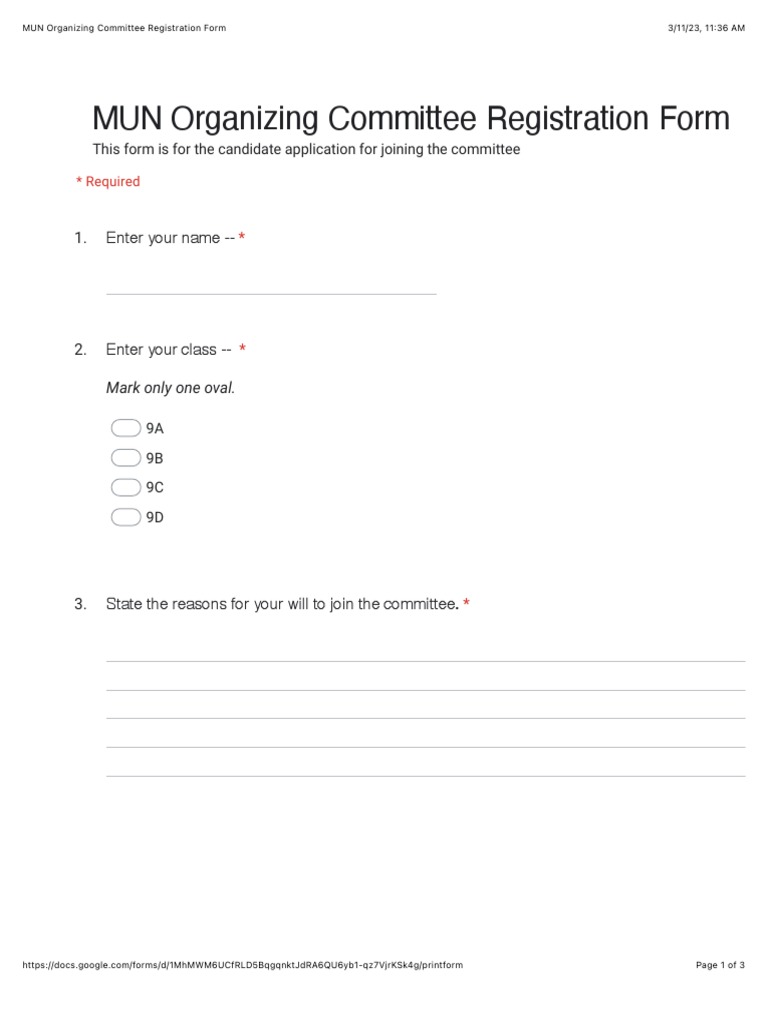 MUN Organizing Committee Registration Form PDF