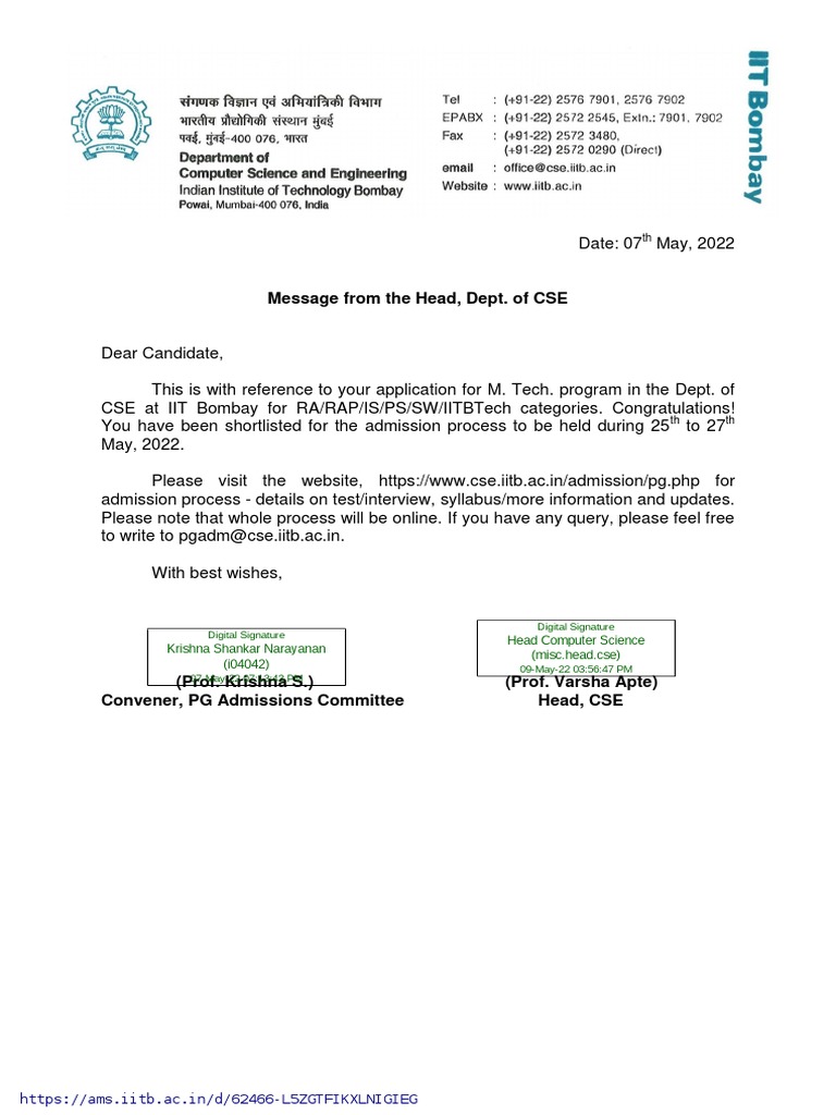 Message From The Head, Dept. of CSE: Krishna Shankar Narayanan (I04042 ...