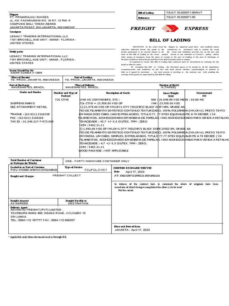 Bill Of Lading Details For Nylon Shipment From Indonesia To Brazil