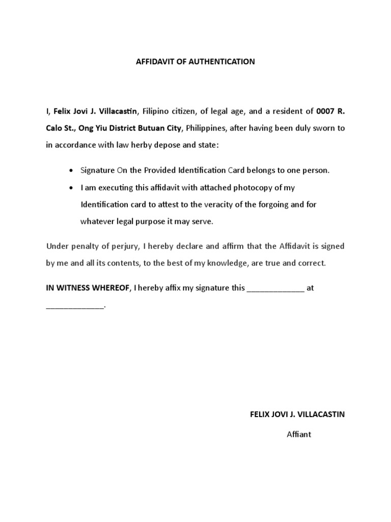 Affidavit of Authentication Sample | PDF