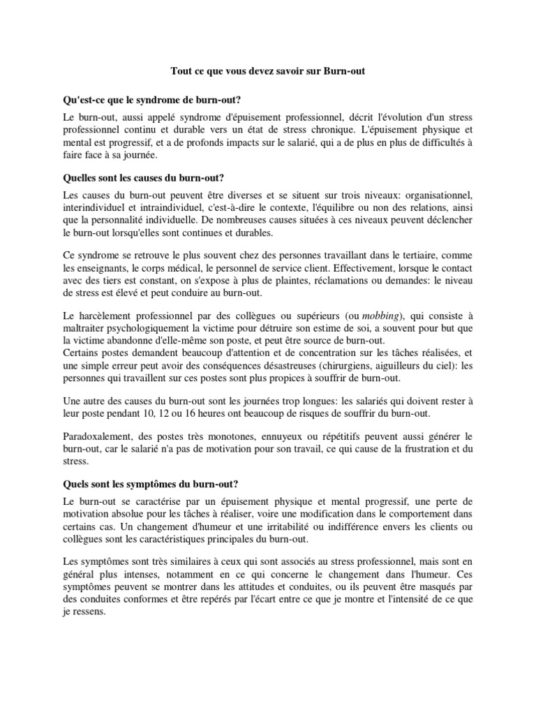 Comprendre le burn-out : causes et solutions | PDF | Syndrome d ...