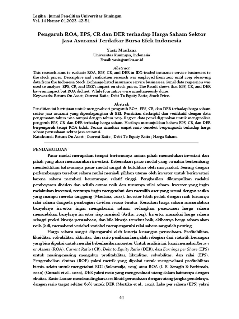 Jurnal 5 Pengaruh Roa, Eps, CR, Dan Der Terhadap Harga Saham Sektor Jasa Asuransi Terdaftar Di ...