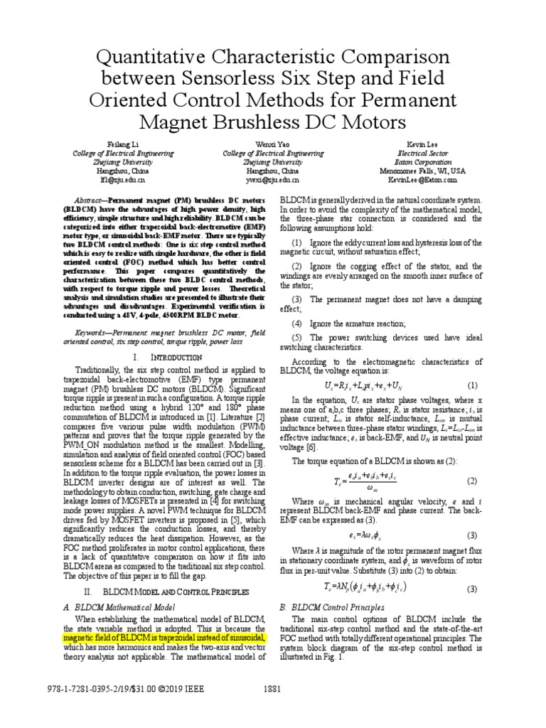 Quantitative Characteristic Comparison Between Sensorless Six Step and