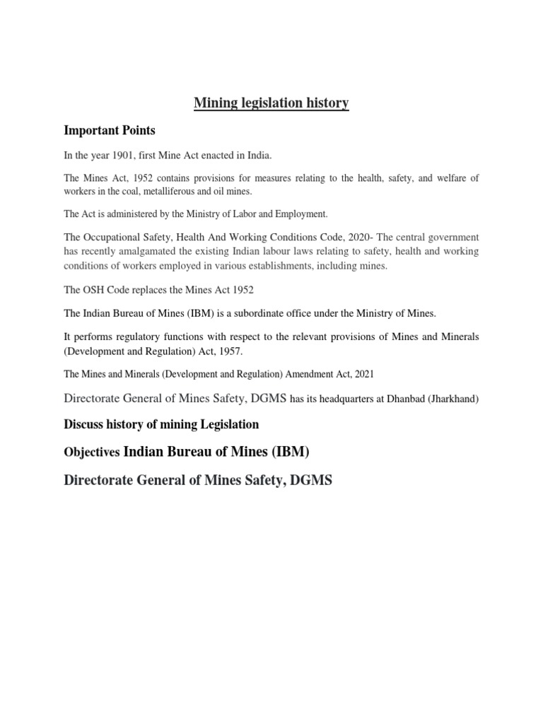 Overview of India's Mines Act 1952 | PDF | Occupational Safety And ...