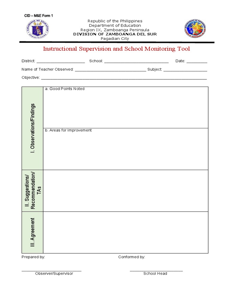 CID Form 1 Monthly Instructional Supervision and School Monitoring ...