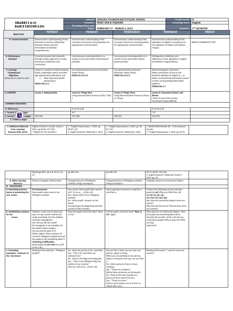 Grade 2 English Lesson Plan: Week 3 | PDF | English Language | Consonant