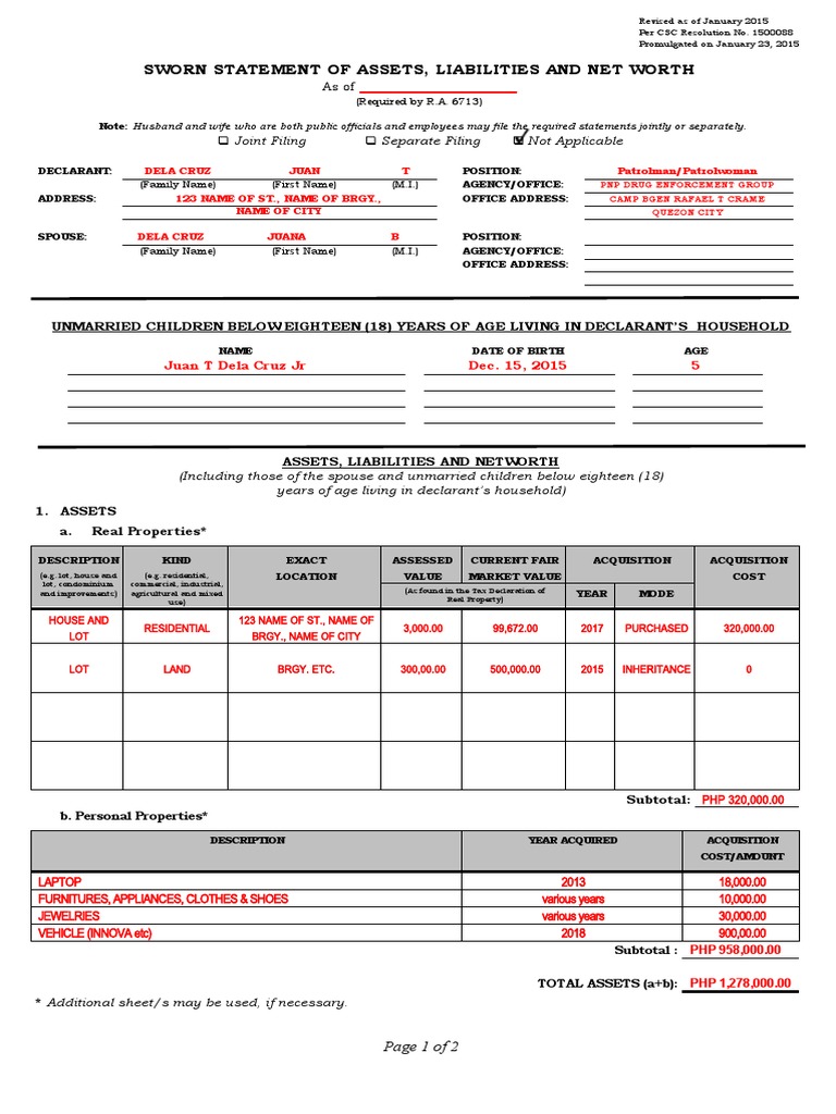 SAMPLE SALN (for marriedhouse or private spouse) PDF Net Worth Money