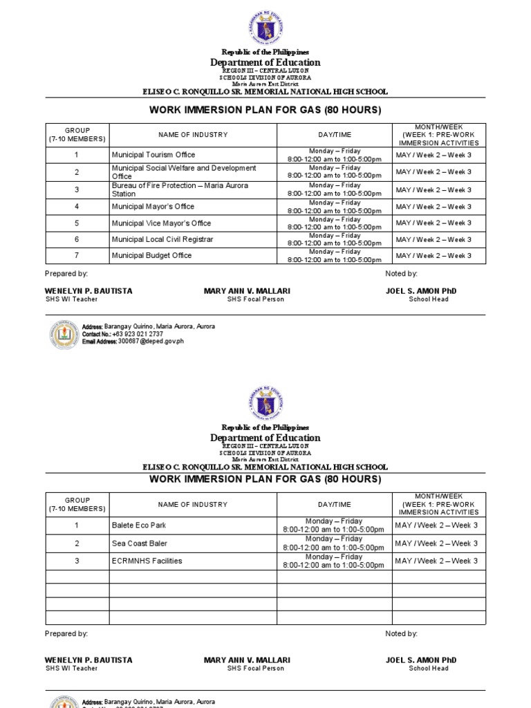 GAS Work Immersion Plan (80 Hours) | PDF | Government | Philippines