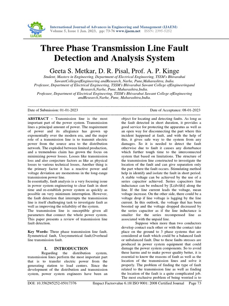 Three Phase Transmission Line Fault Detection and Analysis System | PDF