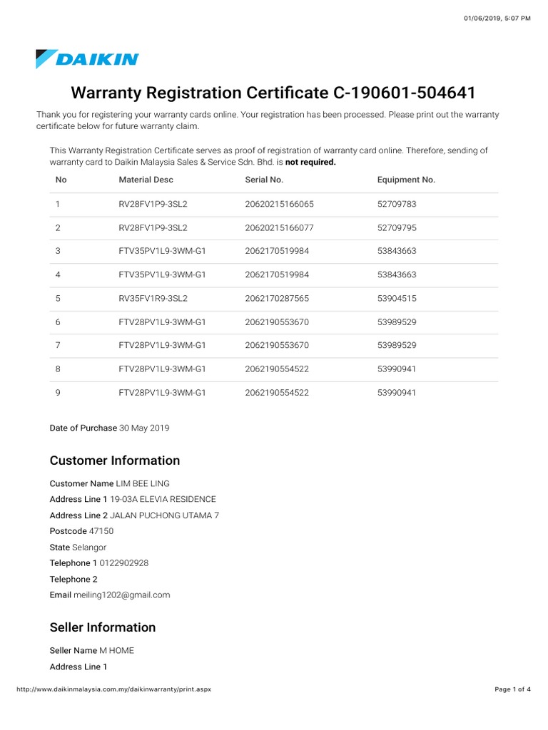 Daikin Warranty PDF