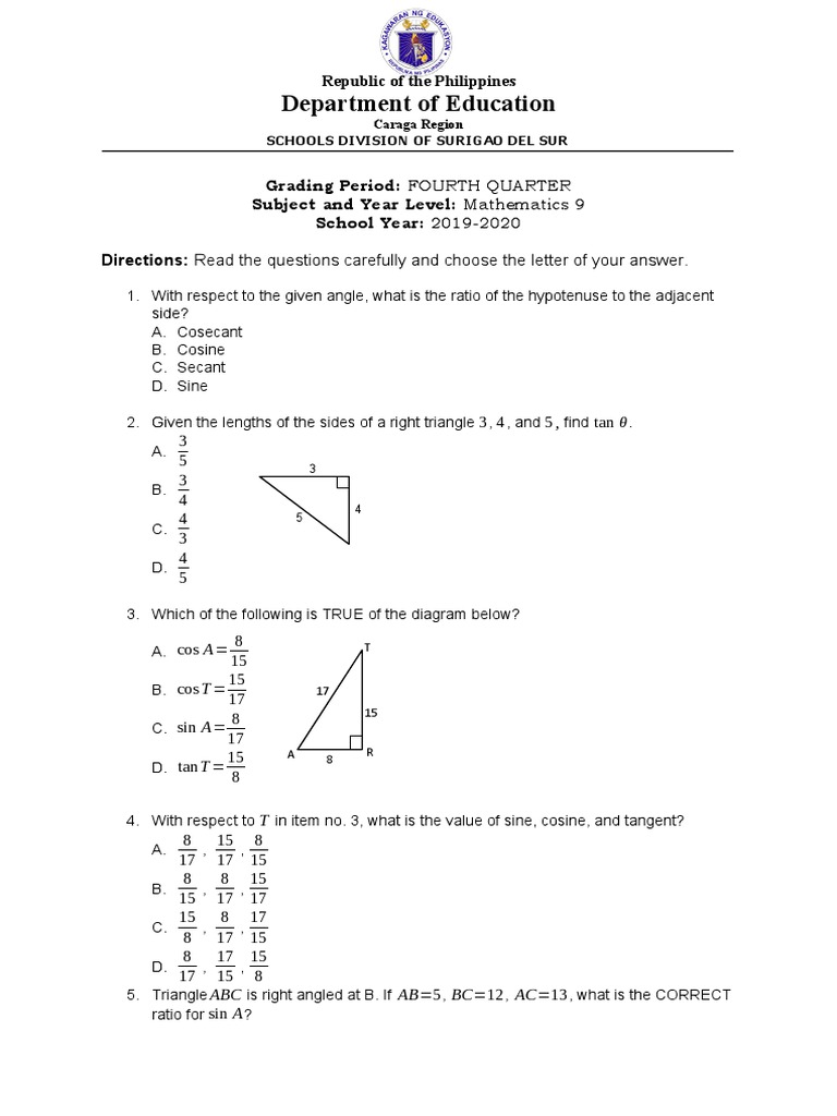 Grade 9 Mathematics TQ Q4 PDF Trigonometric Functions Triangle