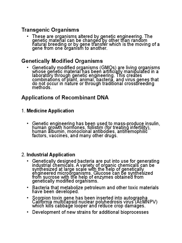 Applications of Recombinant DNA Technology | PDF | Genetic Engineering ...