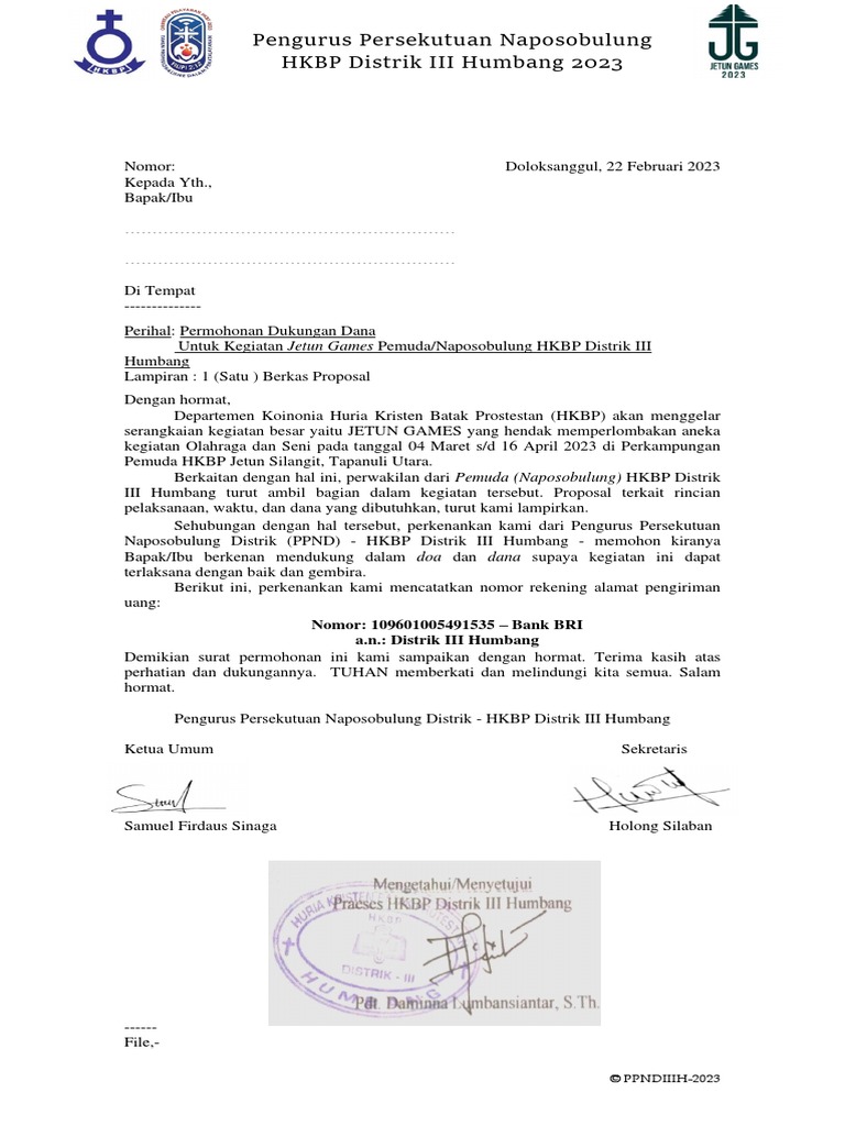 Permohonan Dana Jetun Games HKBP 2023 | PDF