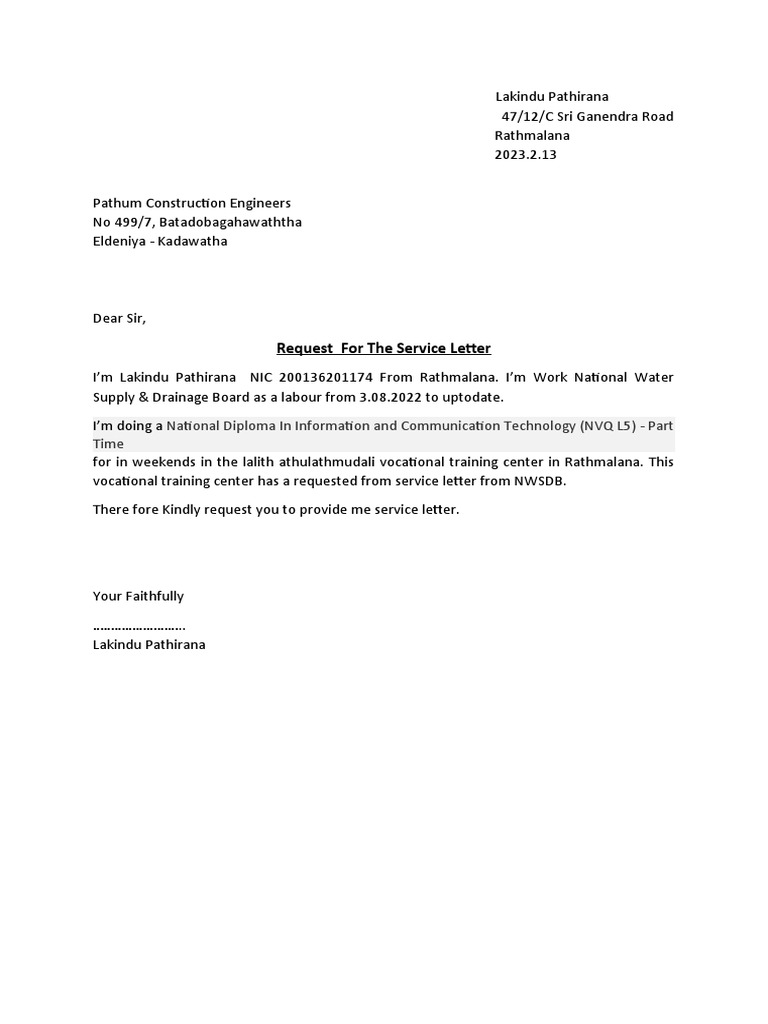 Request for Service Letter from NWSDB | PDF