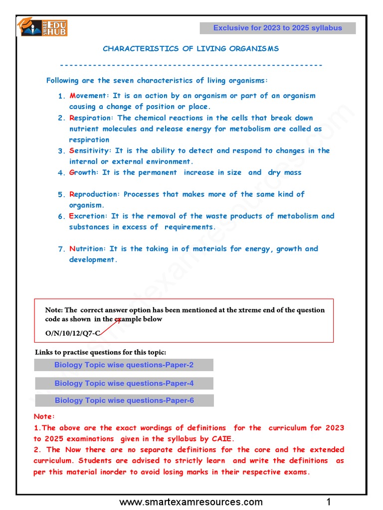 Key Characteristics of Living Organisms | PDF | Excretion | Organisms