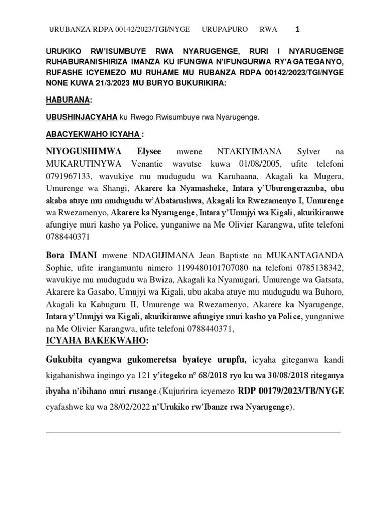 Niyogushimwa Elysee: Urubanza Rdpa 00142/2023/Tgi/Nyge Urupapuro Rwa | PDF