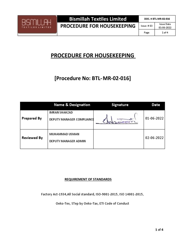 SOP For House Keeping PDF Housekeeping Safety