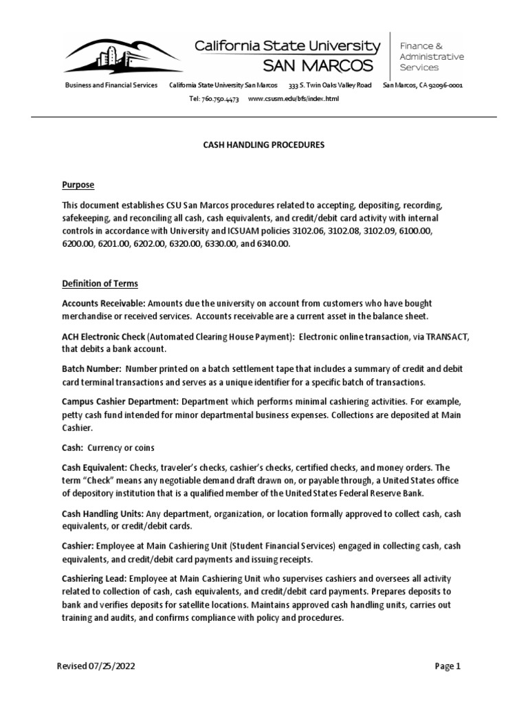Cash Handling Procedures PDF Cheque Credit Card