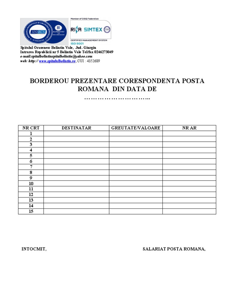 Borderou Prezentare Corespondenta Posta Romana | PDF