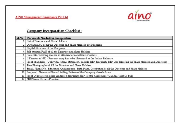 Company Incorporation Document Checklist | PDF