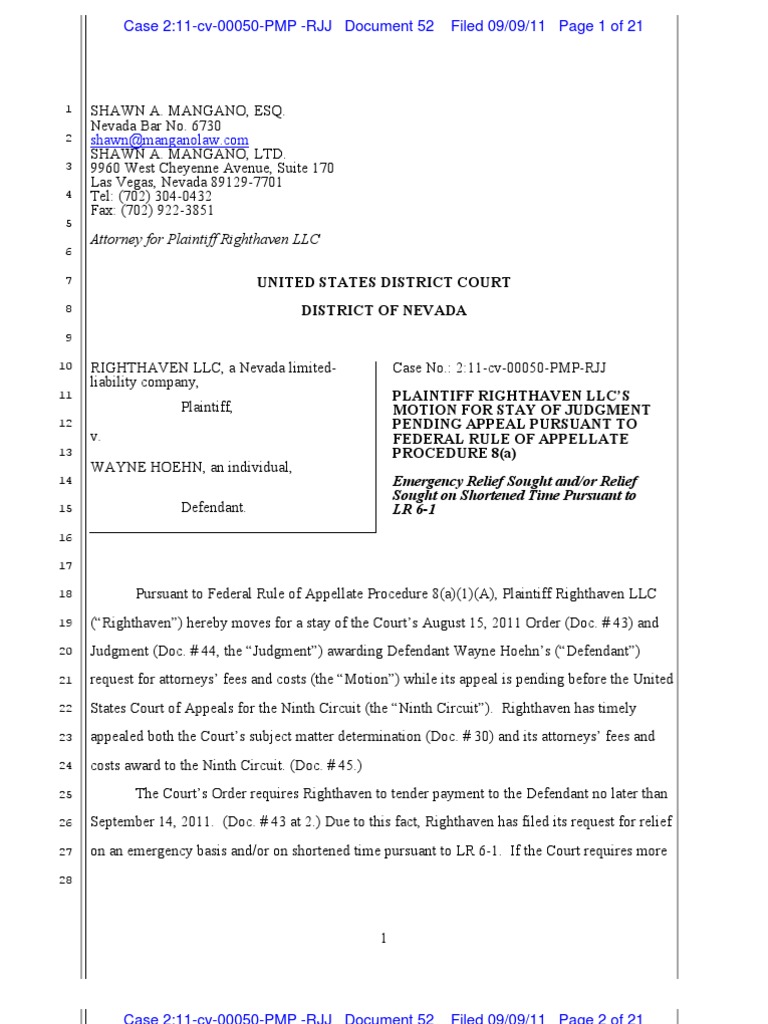 Righthaven v. Hoehn Plaintiff Righthaven LLC's Motion for Stay of