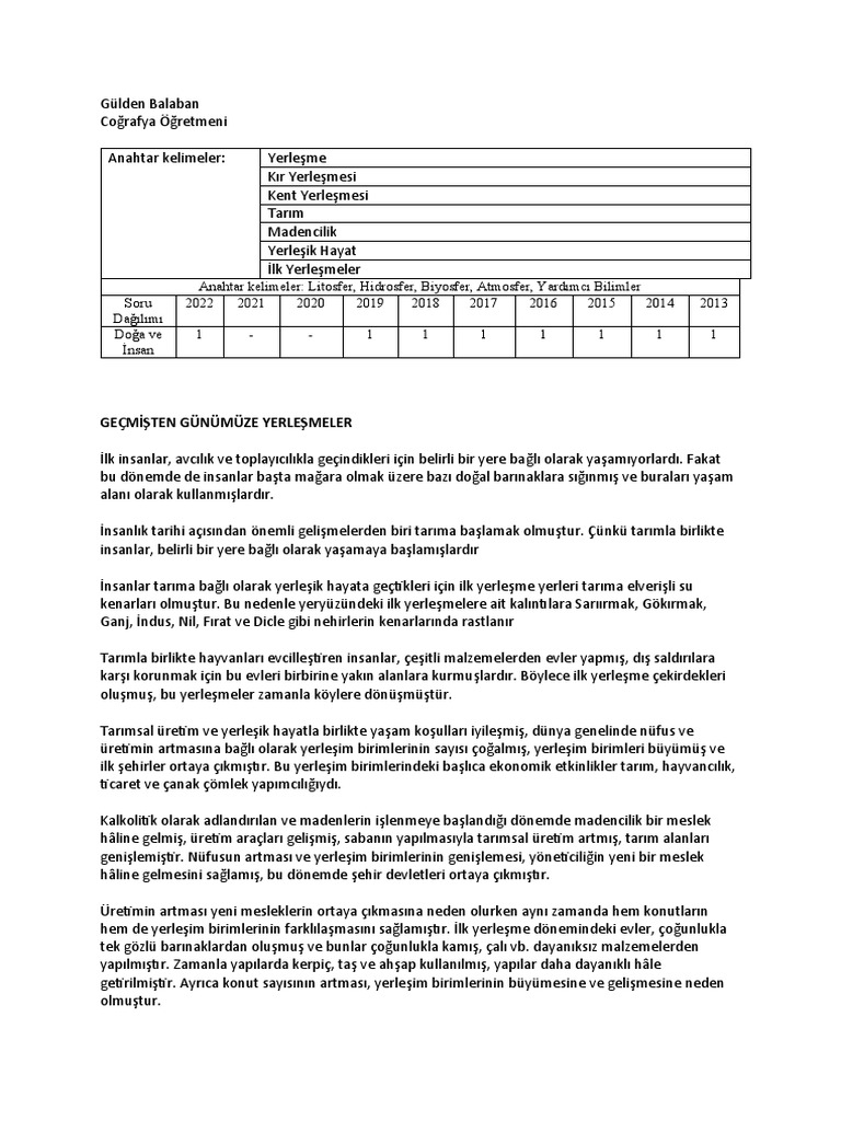 Geçmişten Günümüze Yerleşme | PDF
