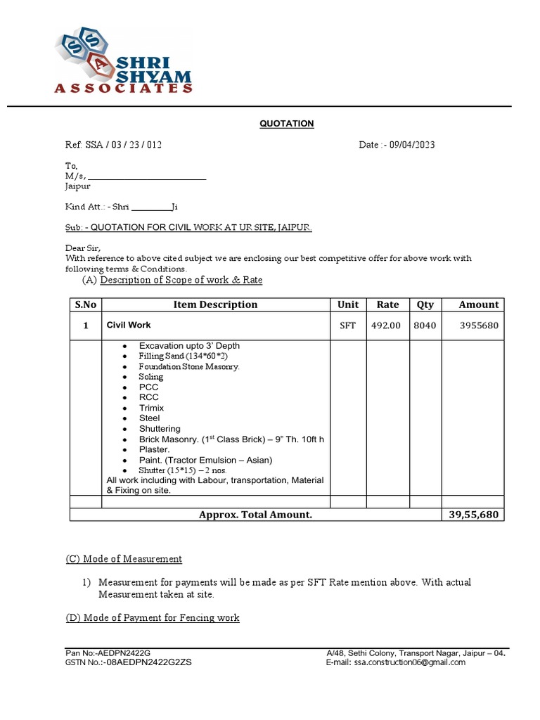 Quotation for Civil Work in Jaipur | PDF | Pipe (Fluid Conveyance) | Prices