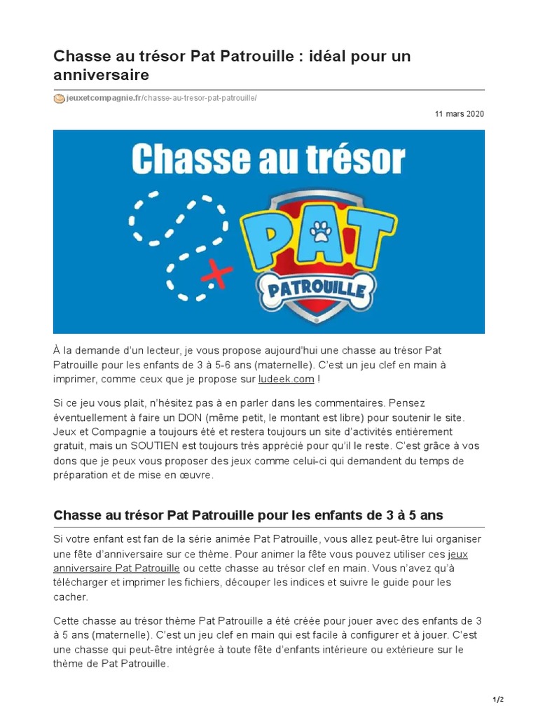 Histoire Pat Patrouille Pdf Gratuit Chasse Au Trésor Pat Patrouille Idéal Pour Un Anniversaire | PDF