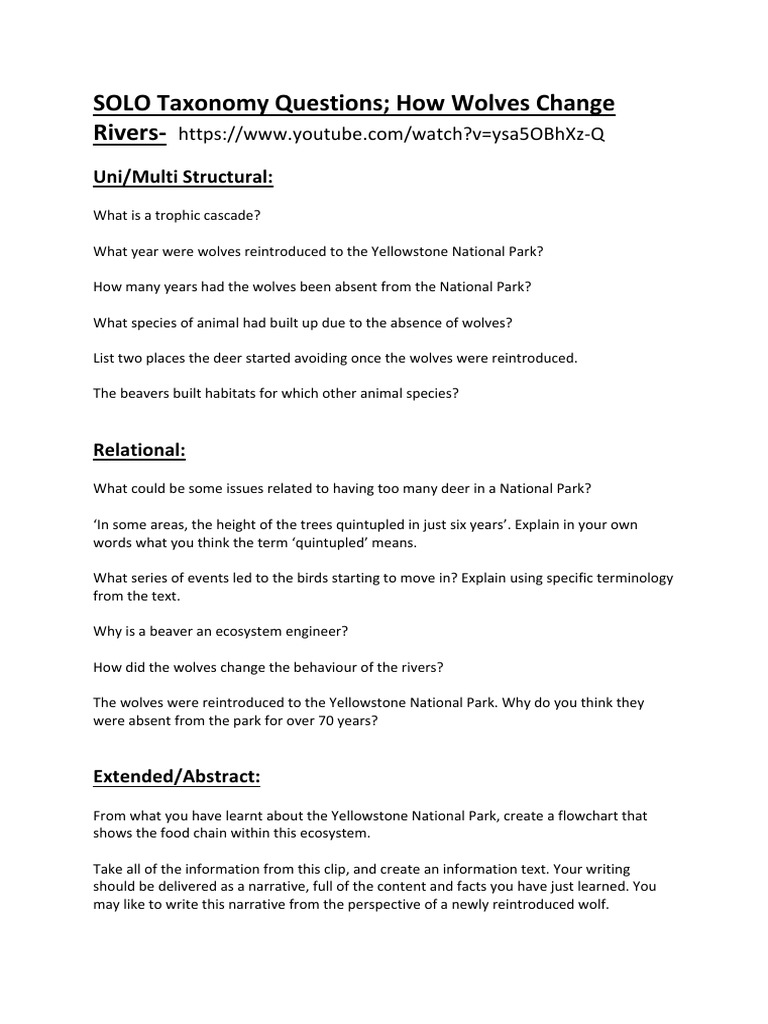 SOLO Taxonomy Questions - How Wolves Change Rivers PDF | PDF