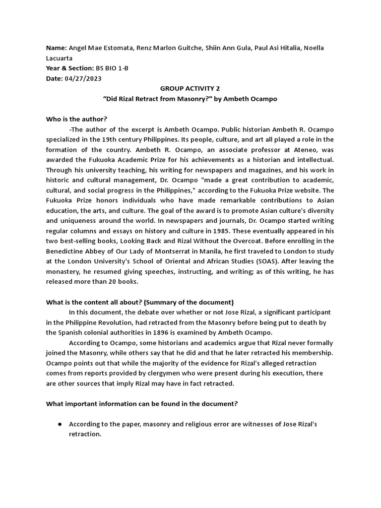 Rizal's Masonry Retraction Debate | PDF