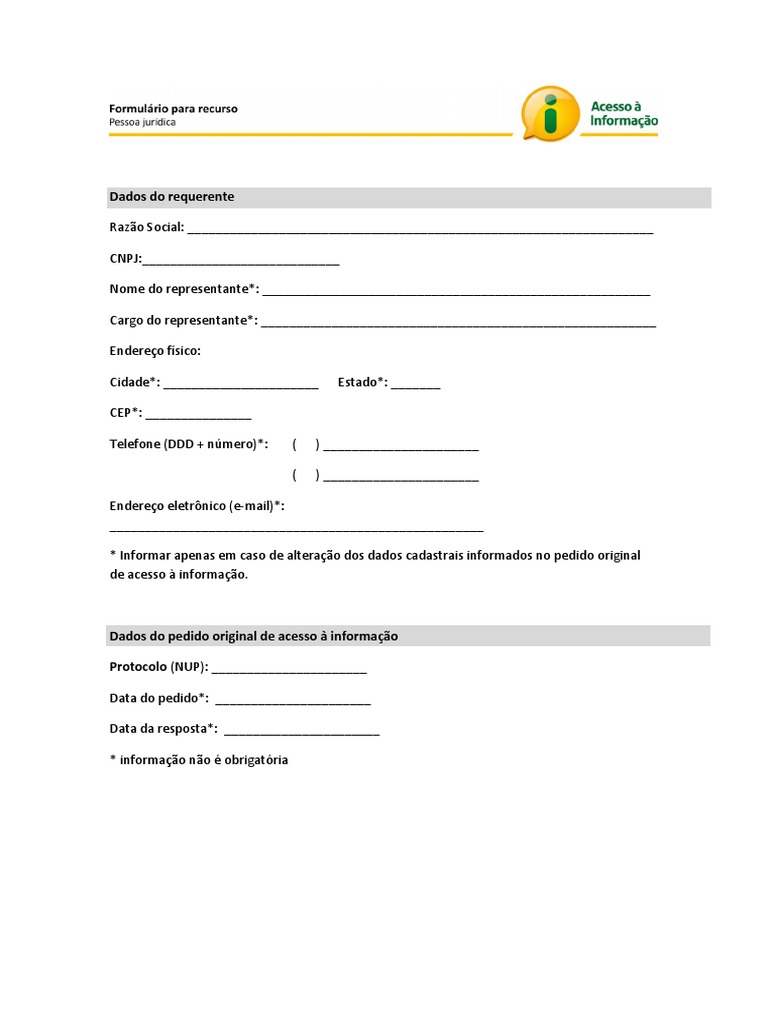 Formul rio De Recurso De Acesso Informa o PDF Inform tica
