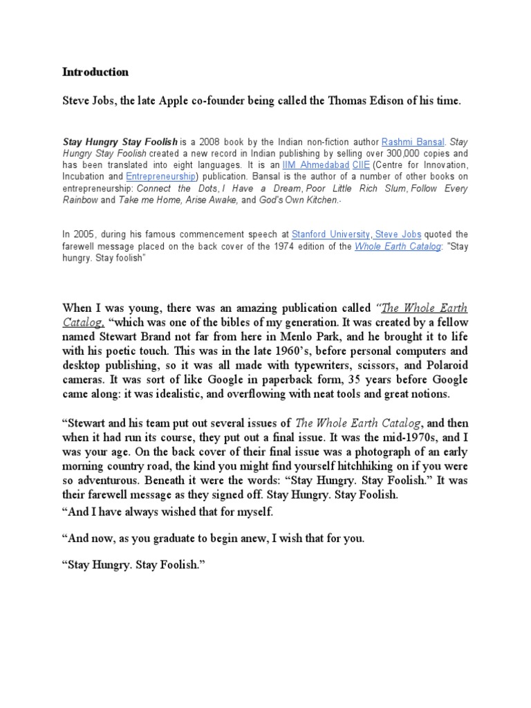 Whole Earth Epilog 1974 Jobs Stay hungry（Stay Hungry Stay