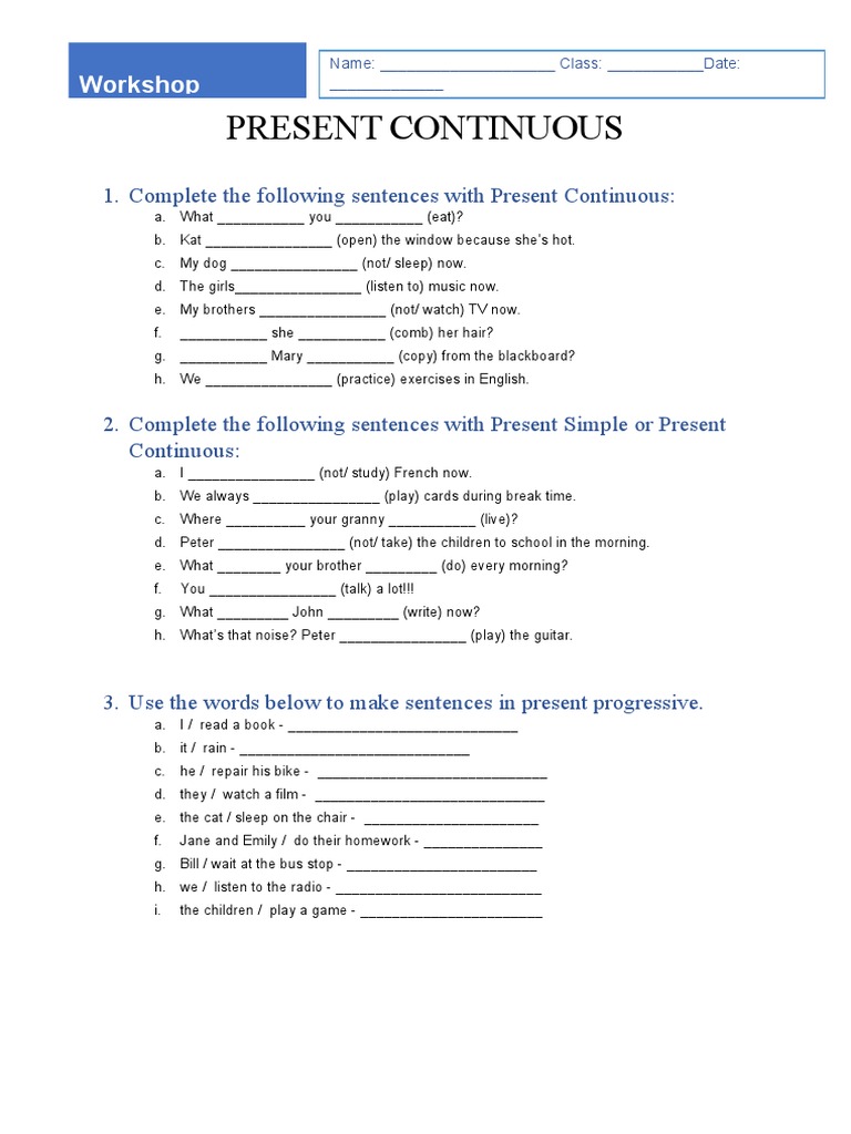 Present Continuous Grammar Workshop | PDF
