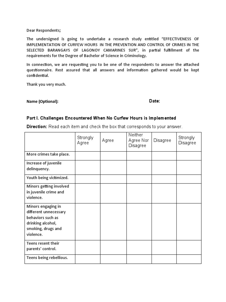 Curfew Hours Questionnaire PDF Juvenile Delinquency Adolescence