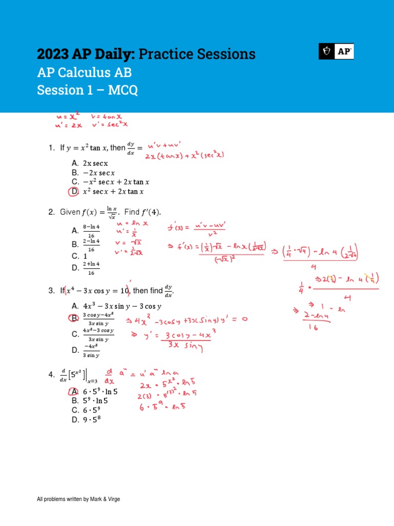 2023 AP Calculus AB MCQ Practice | PDF | Teaching Methods & Materials