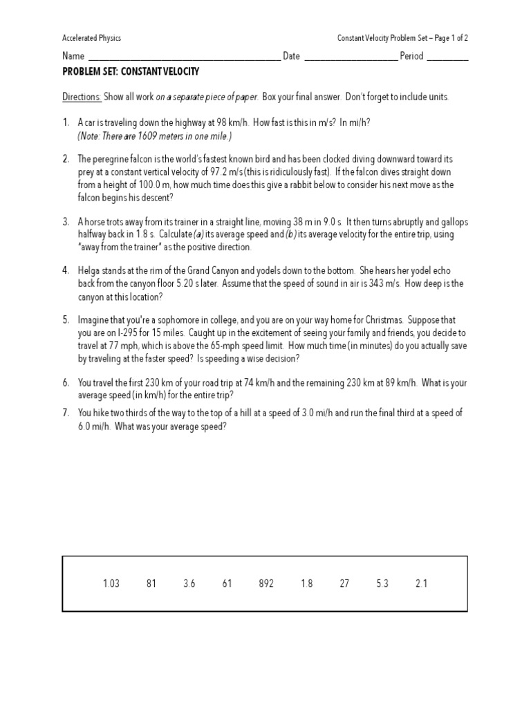 Constant Velocity Problem Set PDF