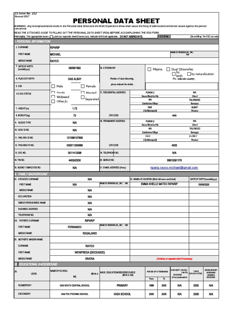 Personal Data Sheet Sample PDS Form | PDF | Government